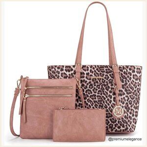Leopard Print Tote Bag Set with Crossbody Purse and Wristlet Wallet